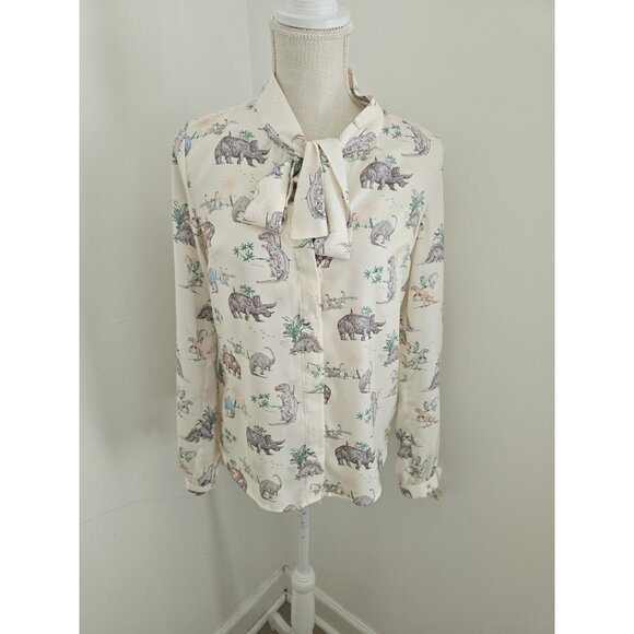 Modcloth Tops - Modcloth Dinosaur Animal Print Miss Frizzle Ivory Bow Tie Button Up Blouse S Top